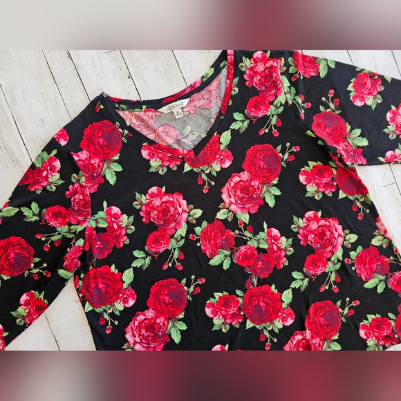 Pioneer Woman Half Sleeve Butter Soft Black, Green & Red Rose Floral Vneck Top - Picture 3 of 10